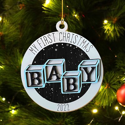 Baby's First Christmas Wood Ornament, Let's Make Memories, Blue Baby Ornament 