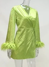 Women's satin wrap robe dress lime green plush fluffy sleeves Small