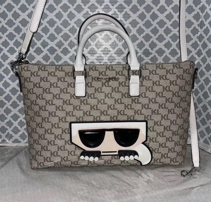 Karl Lagerfeld Paris Authentic Taupe White Silver Monogram 
