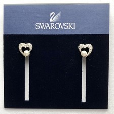 Swarovski Heart Stud Earrings Faux Pearl Crystal Signed Wedding Prom Jewelry