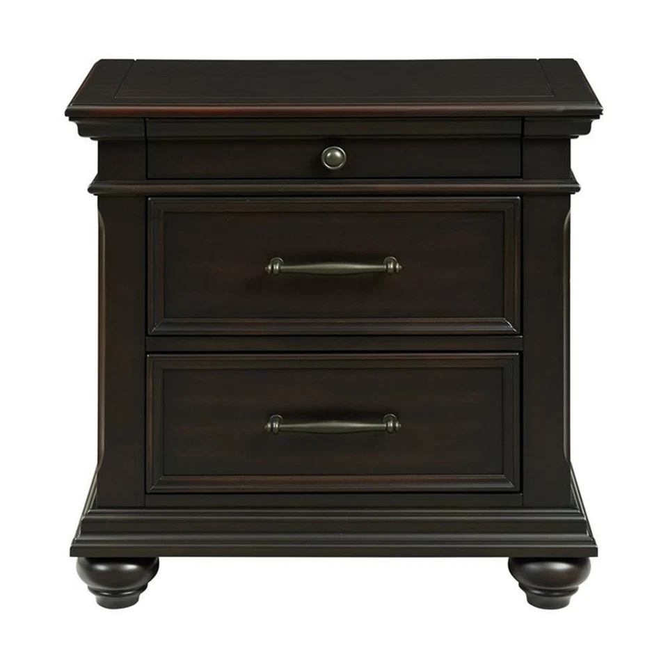 Mesita de noche Bowery Hill de madera maciza con 3 cajones con puertos USB en negro Foto 2 de 4