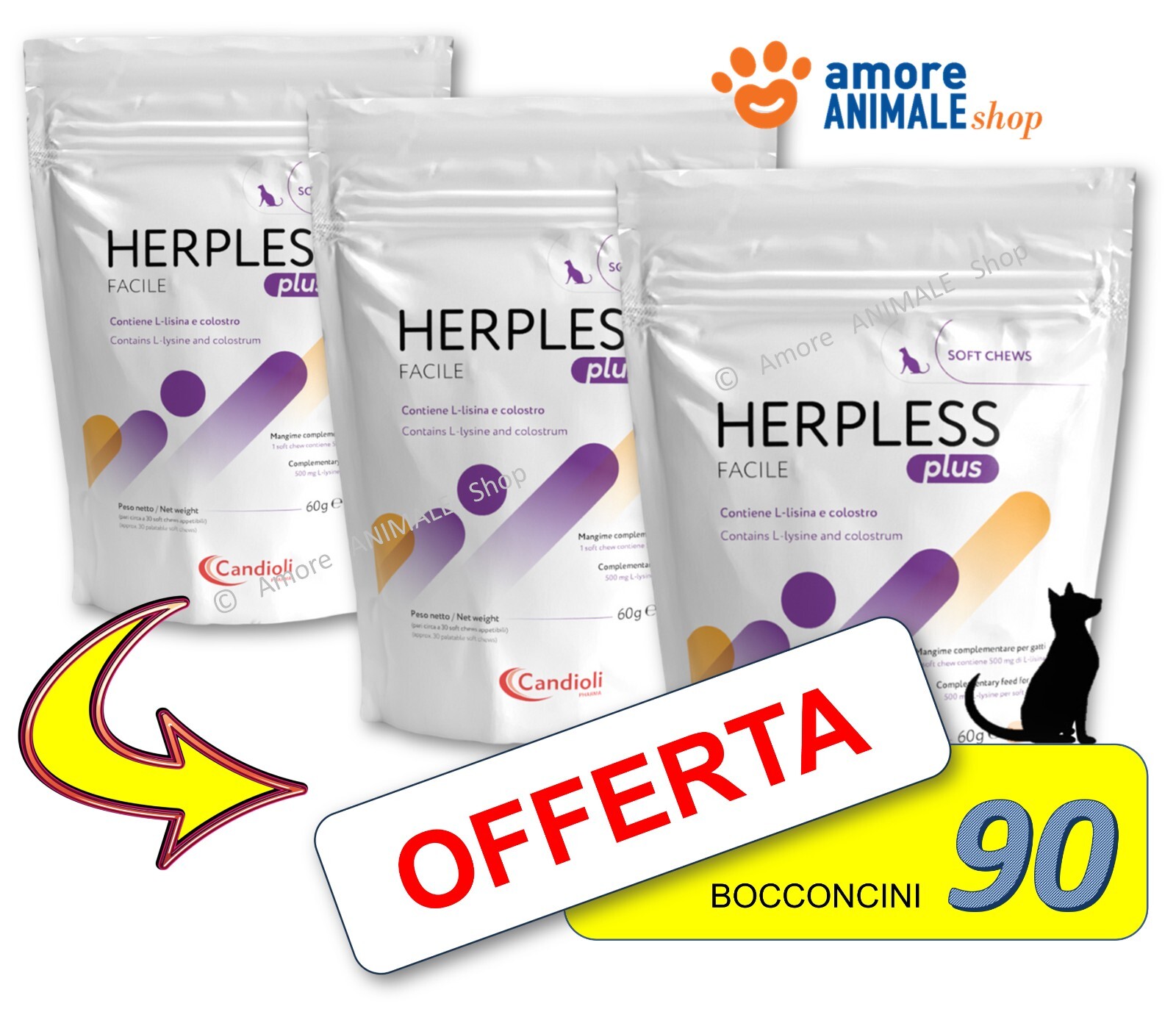 Candioli HERPLESS PLUS → 30 Bocconcini - Cura Infezioni HERPES del Gatto e Gatti: → 3 confezioni/Polvere img