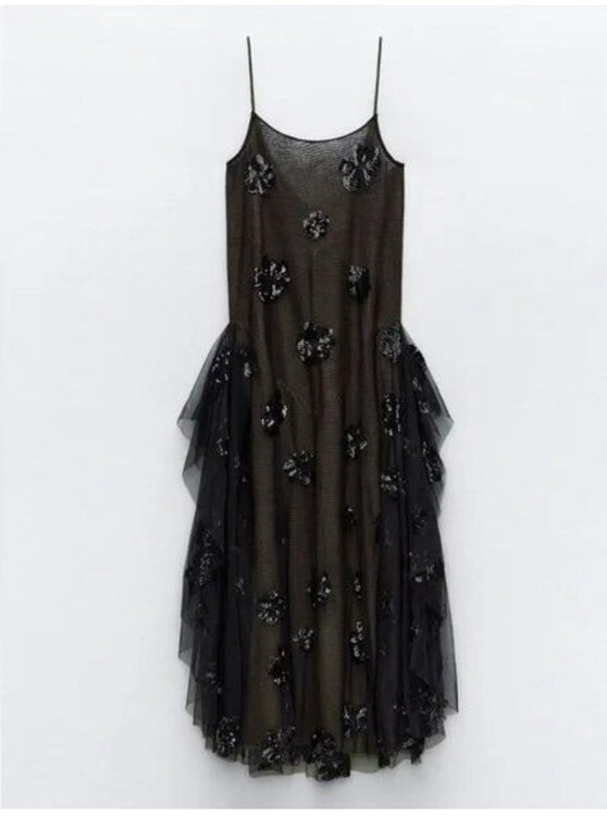 zara tulle knit dress ZARA FLORAL TULLE KNIT SEQUIN DRESS XS (0-2)