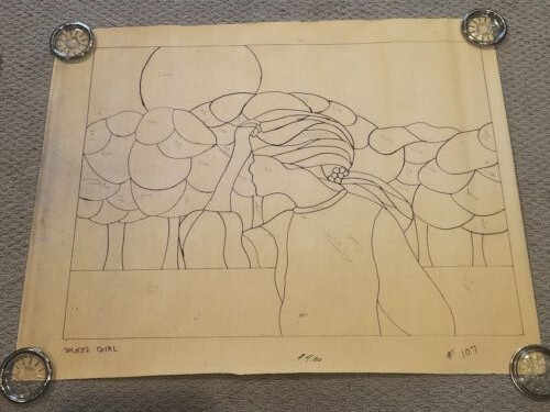 Stained Glass Pattern/Blueprint 24" x 32" Trees/Woman/Sun 