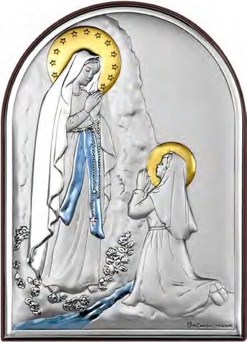 Quadro Madonna di Lourdes in argento bilaminato retro legno 13x18, idea regalo