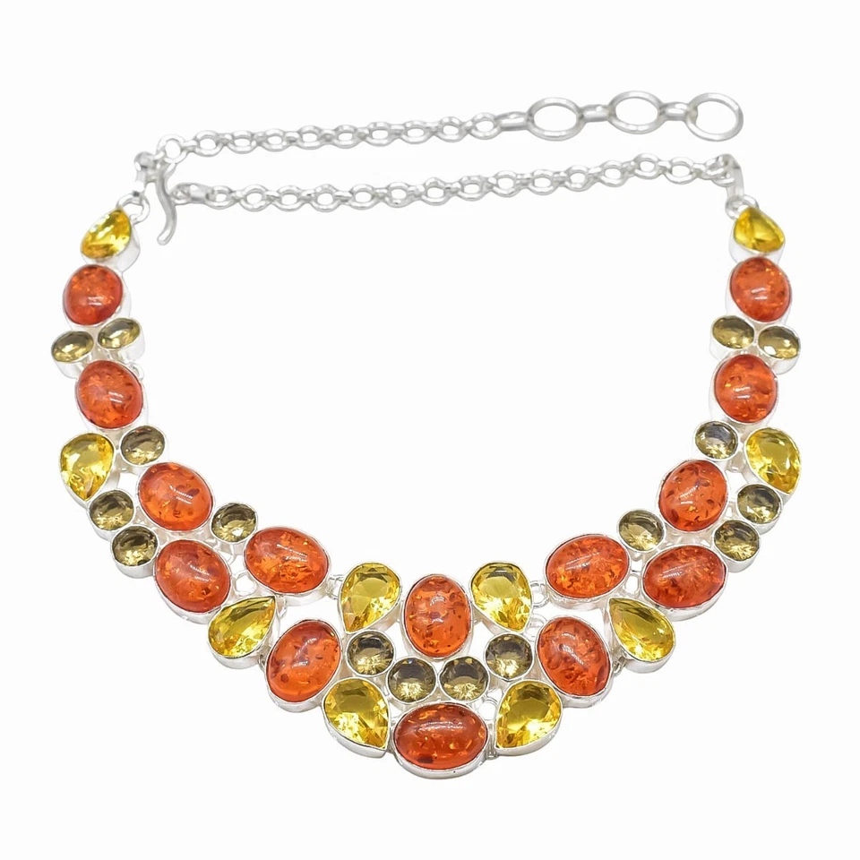 Baltic Amber & Citrine - Smoky Quartz Gemstone  925 Sterling Silver Necklace 18" - Image 2 of 4