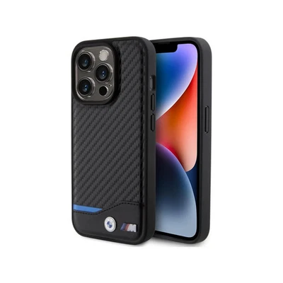 BMW iPhone 15 Pro Hülle, Schwarz – Leder Carbon Blue Line