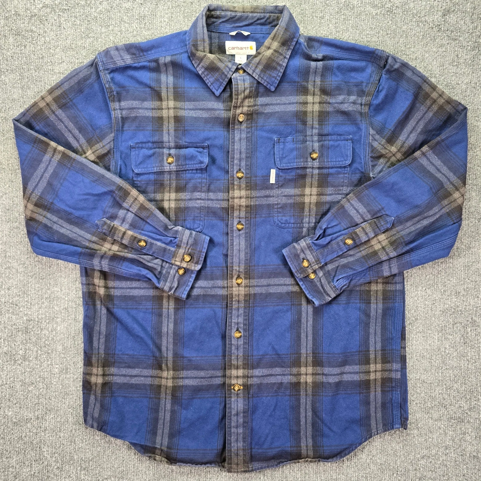 Carhartt Shirt Mens Large Blue Plaid Flannel Cotton Long Sleeve Workwear Pockets