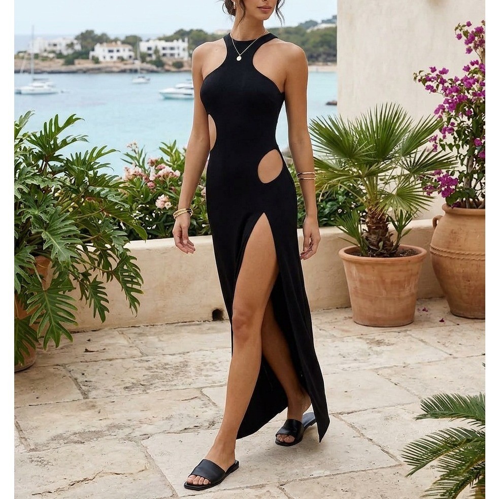 Riot Swim Capri Coverup Maxi Dress XL Cut Out Halter Open Back Resort Beach  NWT
