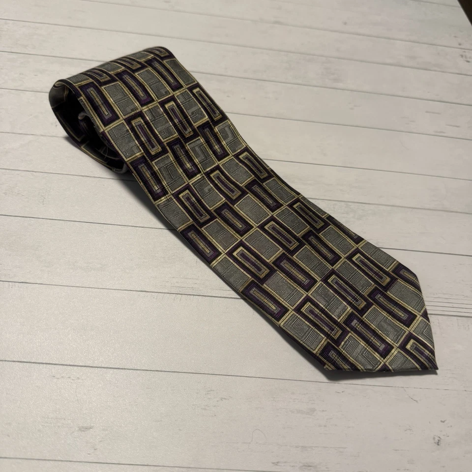 Corbata de seda Louis Roth estampado rectangular geométrico púrpura dorado gris 3,75x57 hecha en EE. UU. Foto 3 de 4