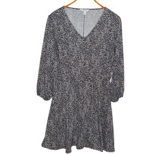 Nine West Womens Black White Print Dress XL V Neck 34 Sleeve Fit Flare Style