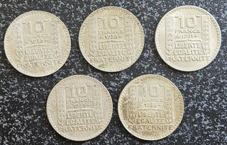 FRANCE FRANCIA LOT DE 5 MONNAIES DE 10 FRANCS TURIN ARGENT . N°3.