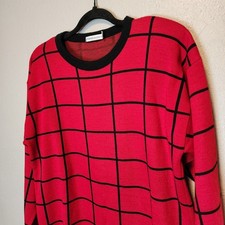 VTG Karen Lessly Red Black Grid Sweater Small 100% Acrylic Made in USA 80s 90s