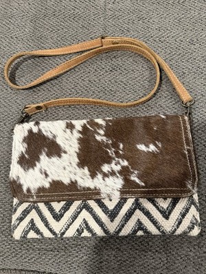 Myra Bag Winsome small crossbody bag in cowhide & upcycled canvas chevron design