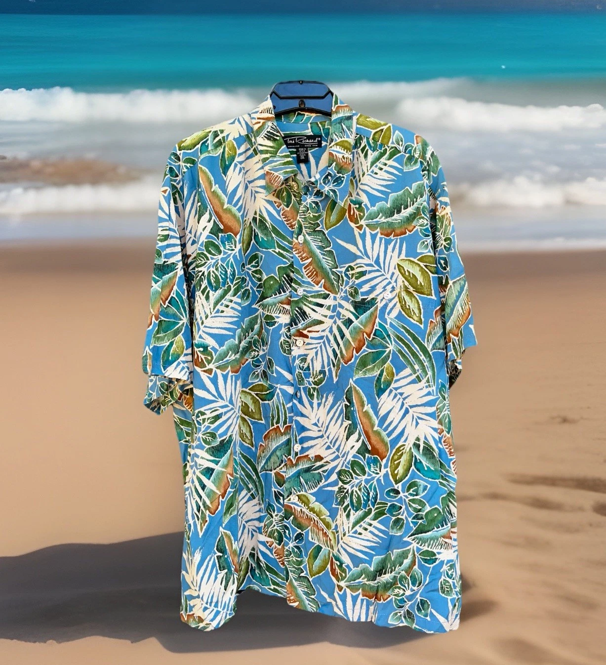 Tori Richard Mens 100% Viscose Hawaiian Aloha Shirt Blue Tropical Leaf 2XL