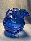 Hazel Atlas Cobalt Blue Depression Ball Pitcher Ribbed Tilted Ice Lip 6” Tall