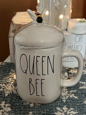 Rae Dunn By Magenta Queen Bee White Ceramic Mug With Beehive Topper Lid 213