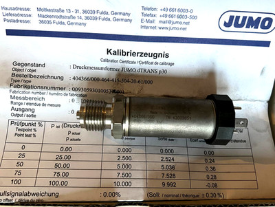 Jumo dTRANS p30 Druckmessumformer 404366/000, 0 - 100 bar Pressure transmitter