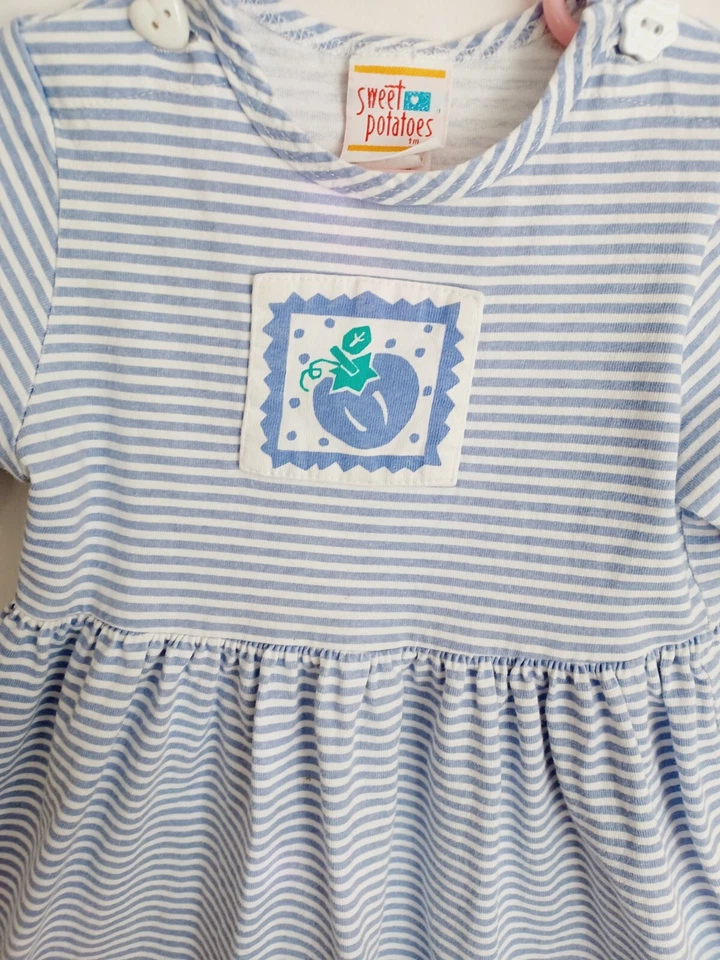 SWEET POTATOES Girls SZ 4 Vtg Blue/White Striped Dress, Cute Graphic EUC Was $35 - Image 2 of 3