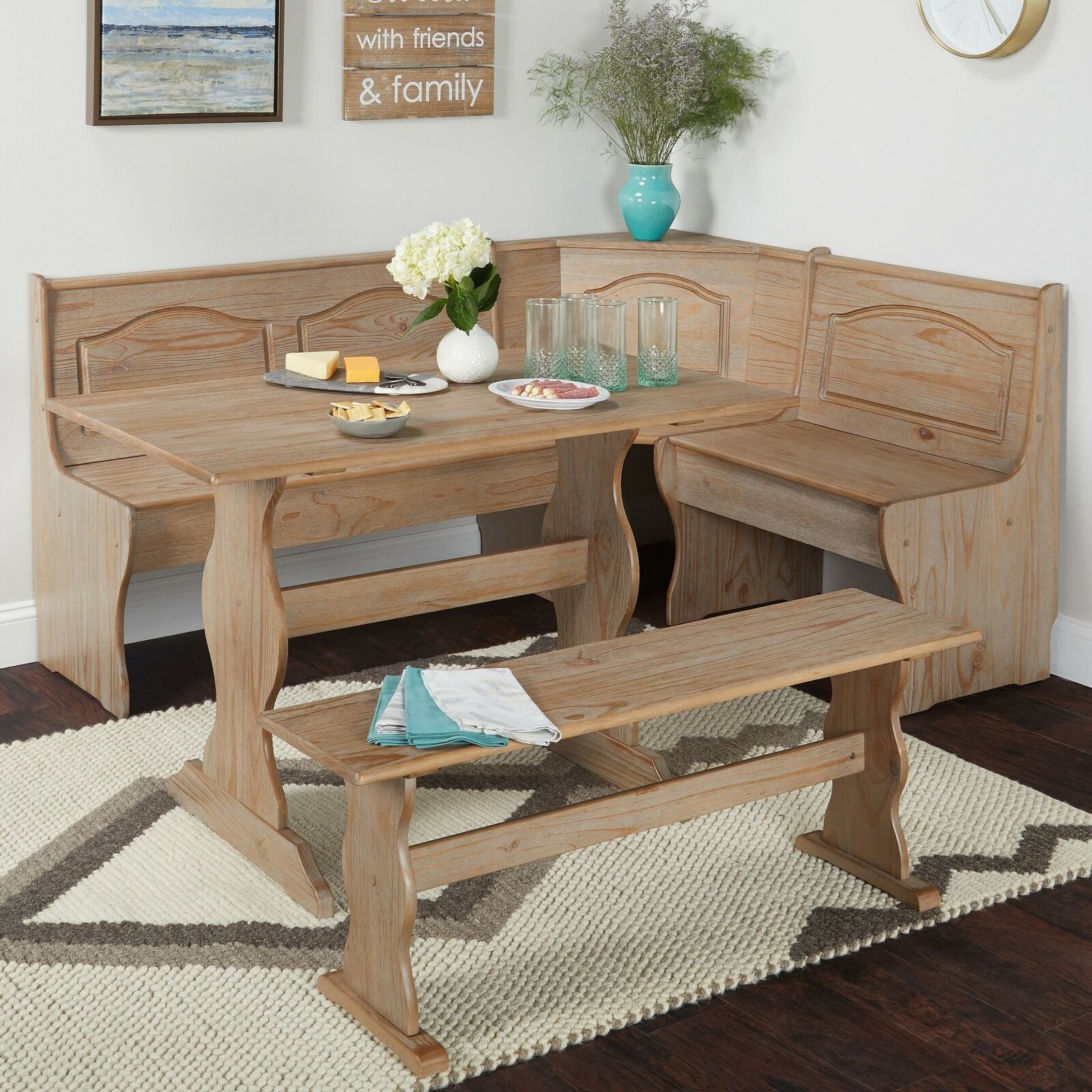 3 Pc Rustic Wooden Breakfast Nook Dining Set Corner Booth Bench Kitchen Table For Sale Online