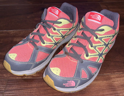 Girls Womens North Face Hiking Walking Running Shoes Gray Yellow Pink Gray Sz 5
