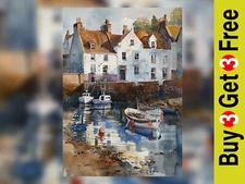 Tranquil Watercolor Harbor Scene Painting Print 5"x7" on Matte Paper