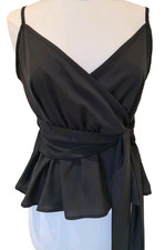 QED London Peplum Top Black UK 8-14 V-Neck Straps Belted New with Tags