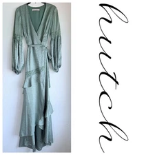 NWOT SAMPLE Anthropologie Hutch Iridescent Sage Green Wrap Maxi w Lace Detail S