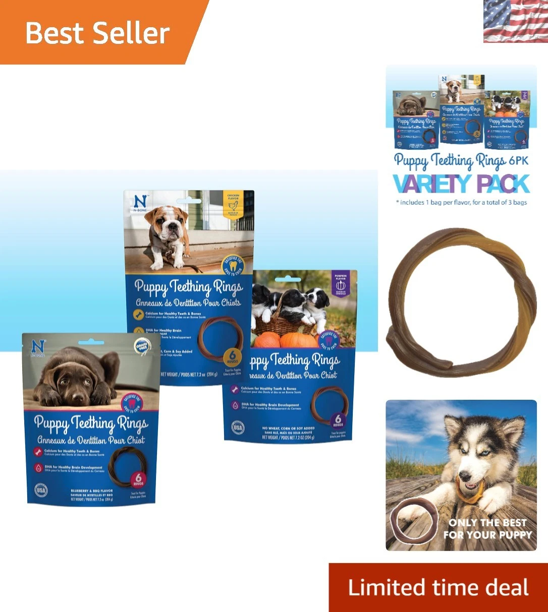 6-Count Puppy Teething Rings - Tasty Blueberry, Chicken & Pumpkin Treats Pack