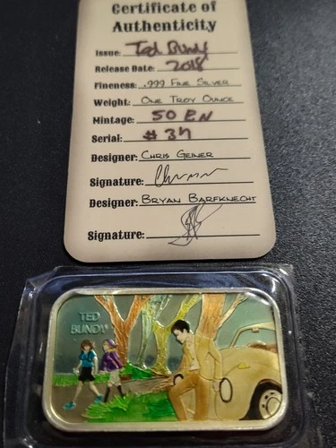 CMG MINT/ BARRELY LIVING America’s Most Wanted- TED BUNDY 1OZ SILVER. ENAMELED.