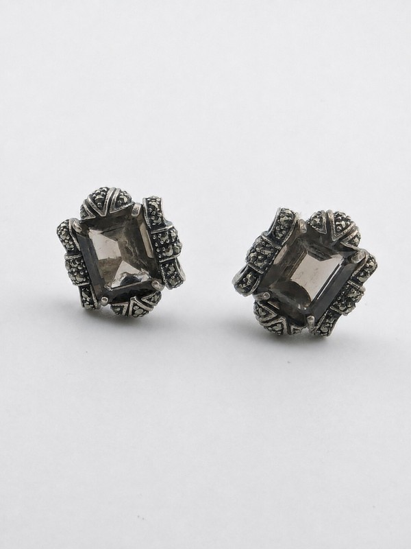 Vintage 925 Sterling Silver Smoky Quartz Marcasite Stud Earrings Art Deco 7.5g