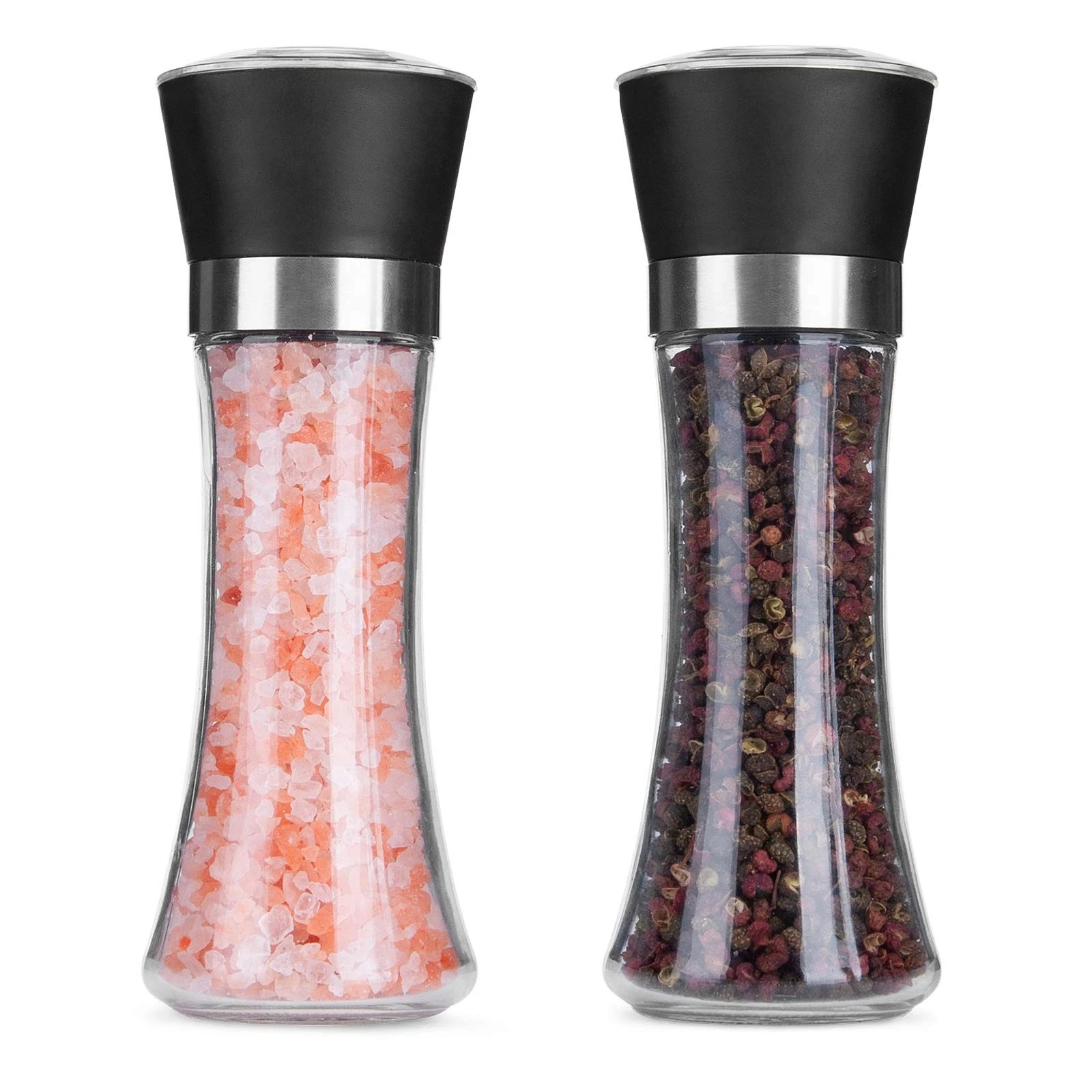 2 Pack Glass Body Pepper and Salt Grinder Set Adjustable Coarseness Pepper Mill