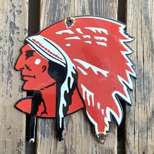 VINTAGE RED INDIAN CHIEF GASOLINE OIL SALES & SERVICE GAS PUMP PORCELAIN SIGN