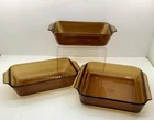 Vintage Fire King Anchor Hocking Ovenware Baking Dish Amber Square & 2 Rectangle