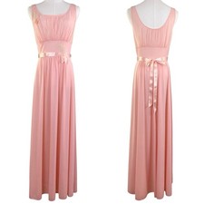 Vintage 60s VANITY FAIR Peach Nylon Chiffon Lac Applique Maxi Nightgown Size 34