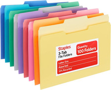 Staples File Folders, Letter Size, 1/3 Cut Tabs, Assorted Colors, Durable
