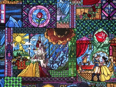 DISNEY BELLE FABRIC BEAUTY /& BEAST STAINED GLASS ROSES QUILTING FREE US SHIPPING