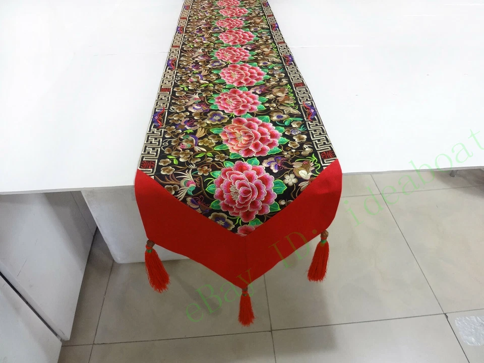 13.7x80" Chinese Hmong Auspicious Floral Blossom Embroidery pattern Table Runner - Image 4 of 4