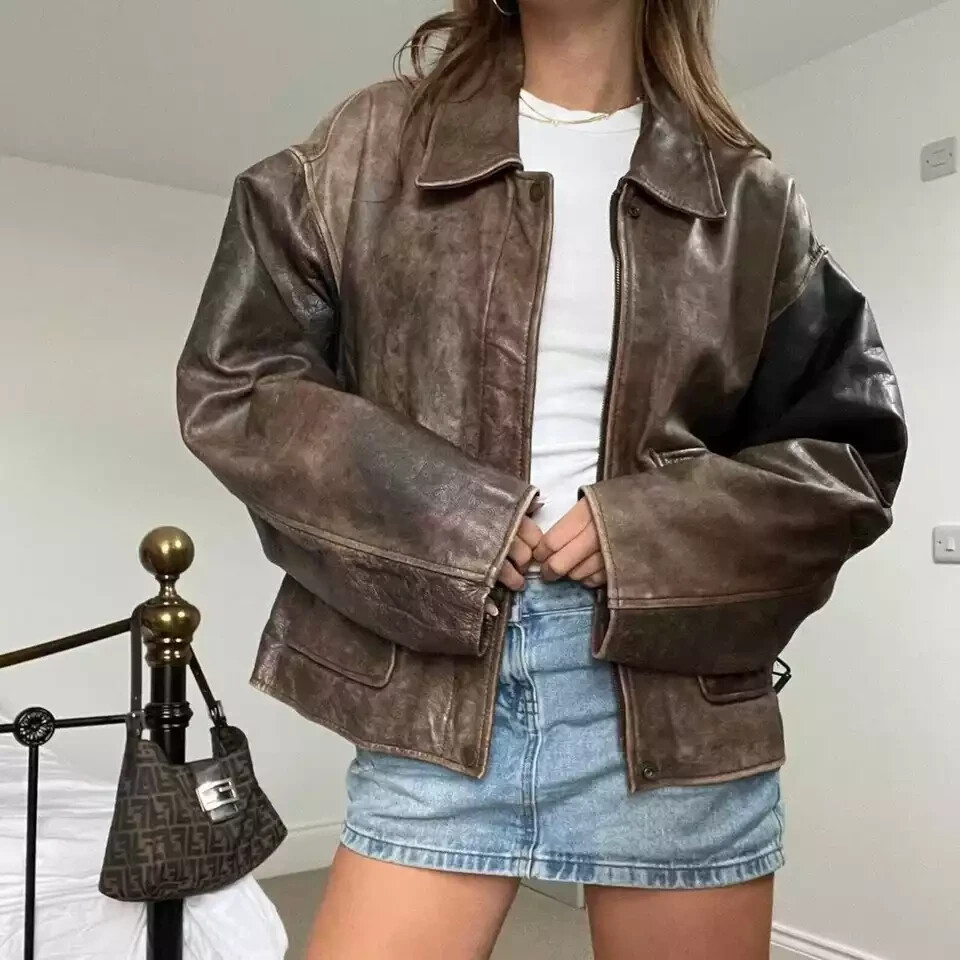 80s Oversize A2 Military Vintage Style Distressed Brown Real