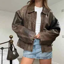80s Oversize A2 Military Vintage Style Distressed Brown Real Leather Jacket