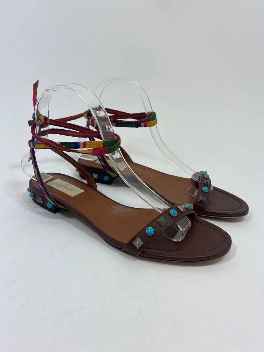 VALENTINO Rockstud Rolling Embroidered Flat Sandal in Brown Size 38
