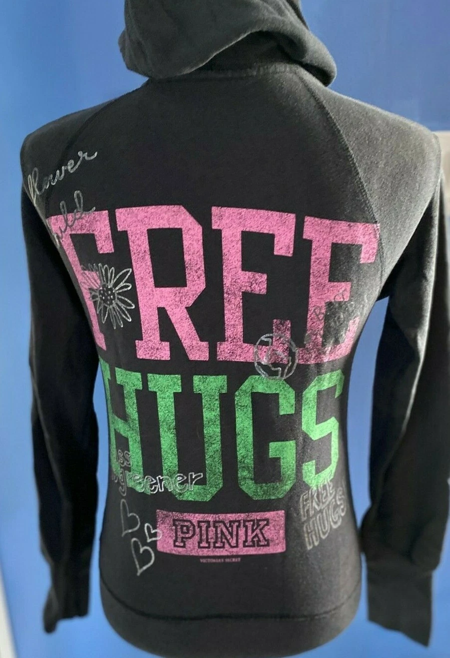UNDERCOVER Victoria's Secret PINK X SMALL Full Zip Hoodie Sweatshirt FREE HUGS
