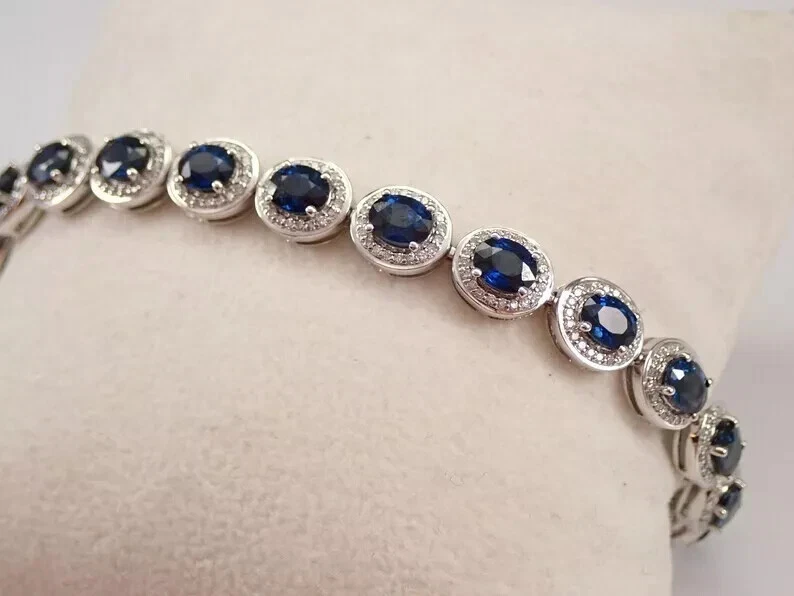 9Ct Oval Cut Lab Created Sapphire Halo Tennis Bracelet 14K White Gold Plated 7" - Image 3 of 4