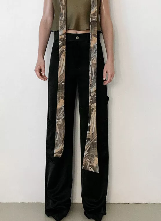 zara Womens black satin Cargo pants sz Large Full Length High Waist