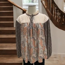Sugarfox Boho Patchwork Peasant Blouse S Mixed Print Ruffle Neck Cottagecore
