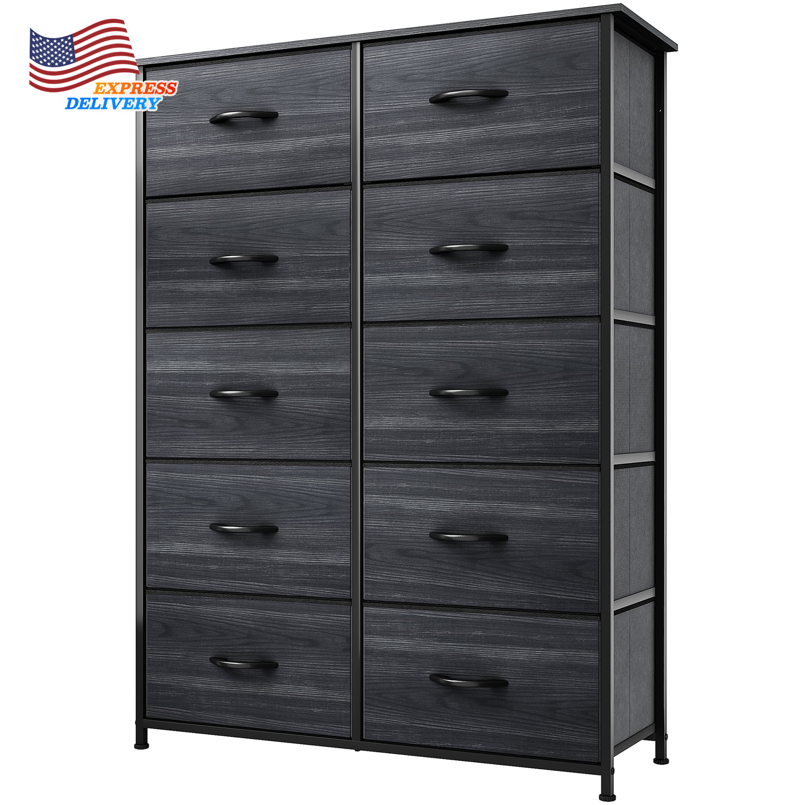 Tall Wood Dresser with 10 Fabric Drawers for Bedroom Storage