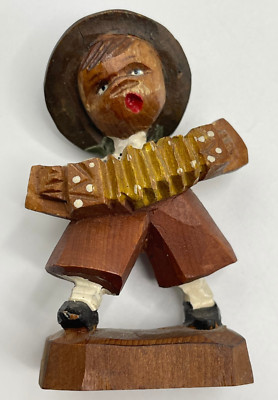 Antique Wood Carving Boy Folk Art 2.5'' Accordion Player Musician Vintage Yodel