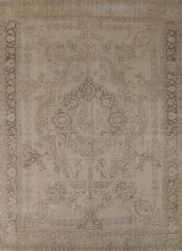 Vintage Muted Beige Wool Tebriz Handmade Dining Room Area Rug 10x13 Carpet