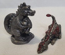 2 Pewter Dragon Statues Mom And Baby Red Winged Sleeping Dragon Made In USA