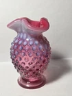 Vintage Unsigned Fenton Opalescent Cranberry Hobnail Ruffled 4" Vase